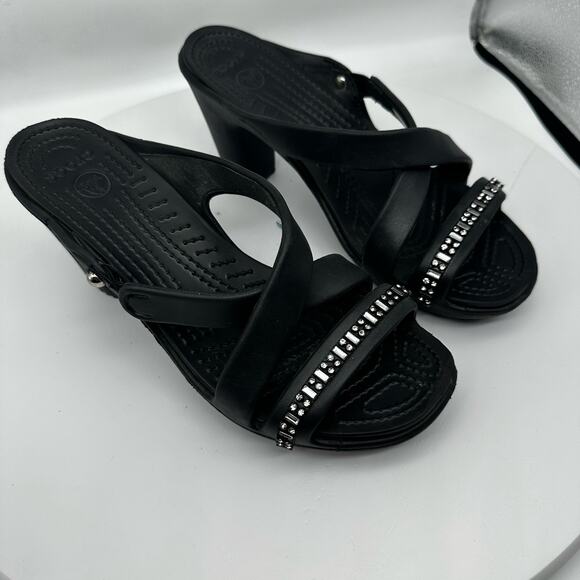Crocs Cyprus IV Black Rhinestone Stacked Heel Sandals Women's Size 9 202267 - Picture 9 of 13